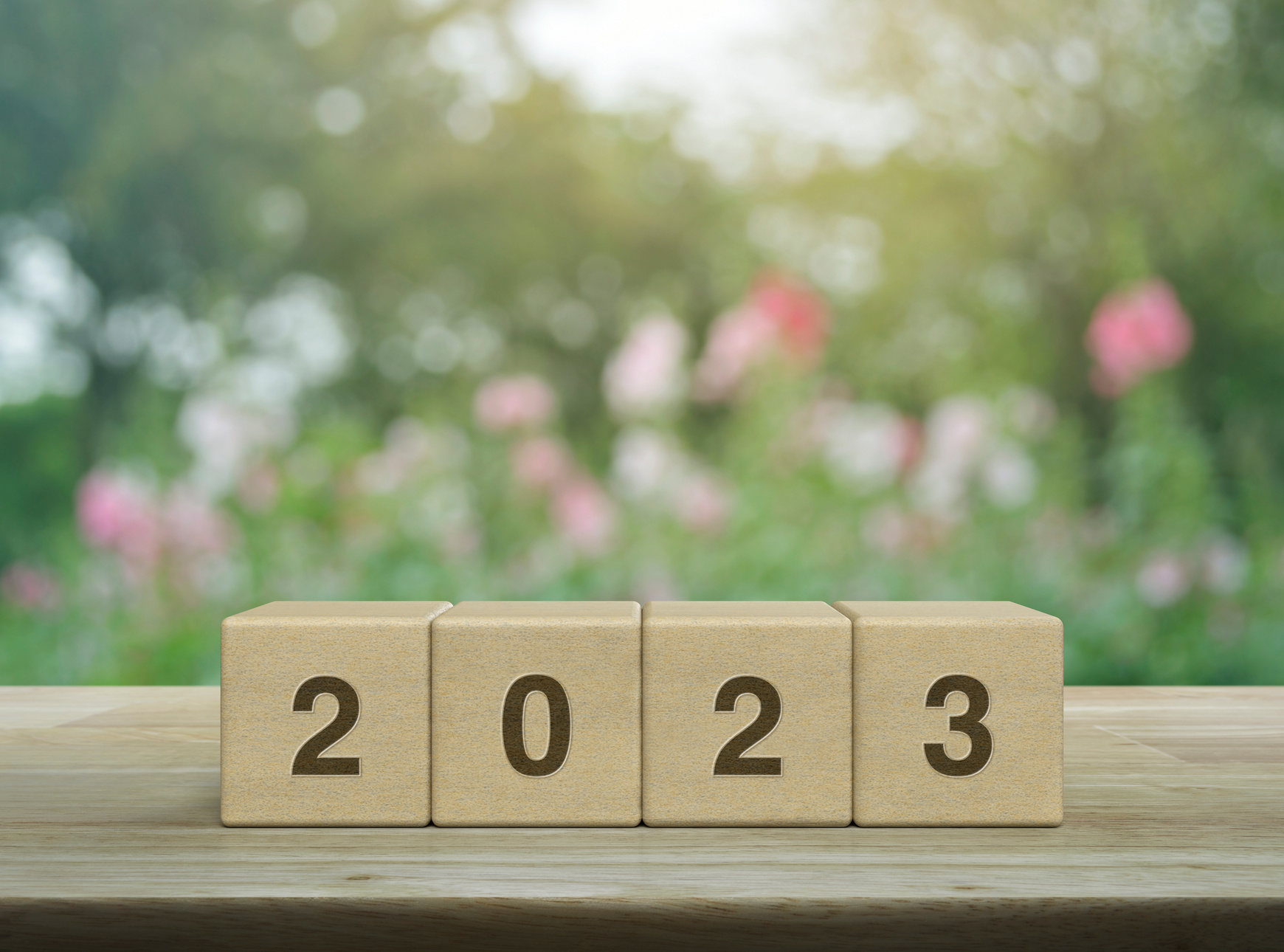 2023 Letter on Cubes on Table over Garden, Happy New Year 2023